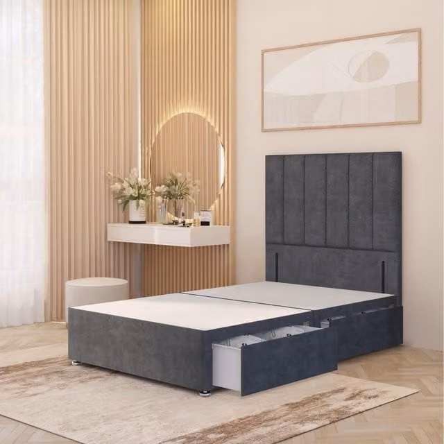 Somnior Beds Ltd Grey Velvet Upholstered Divan Bed Frame with Headboard and Drawers, W/D/H: 120 x 200 x 34.5 cm