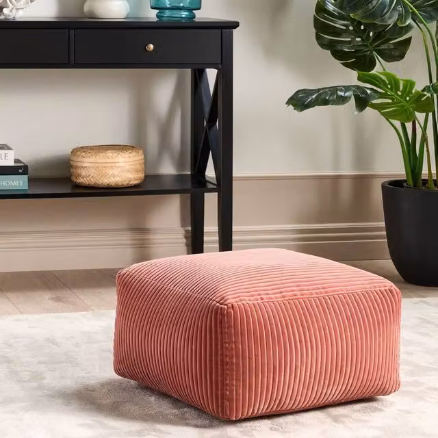 Wyld and Coco Light Red Corduroy Pouffe Footstool, W/D/H: 50 x 50 x 30 cm – 1