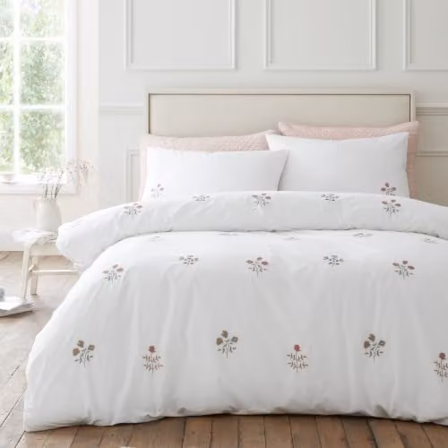 Bianca Adeline Floral Embroidered 200 Thread Count Cotton Percale Single Duvet Cover Set, White, Duvet Cover: 135 x 200 cm, Pillowcase: 50 x 75 cm
