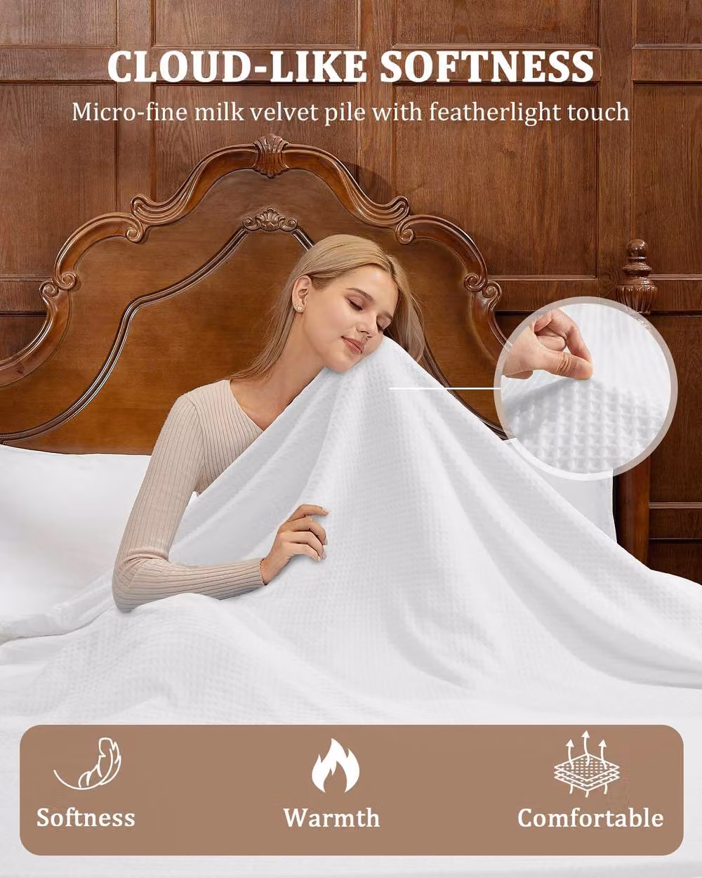 London Boutique Dual-Sided Flannel Electric Heated Blanket in White with 6 Heat Levels and 10h Auto-Off – 3