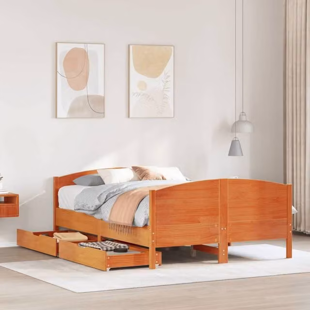 Berkfield Home Small Double Solid Wood Pine Bed Frame with Drawers, Wax Brown, W/D/H: 120 x 200 cm