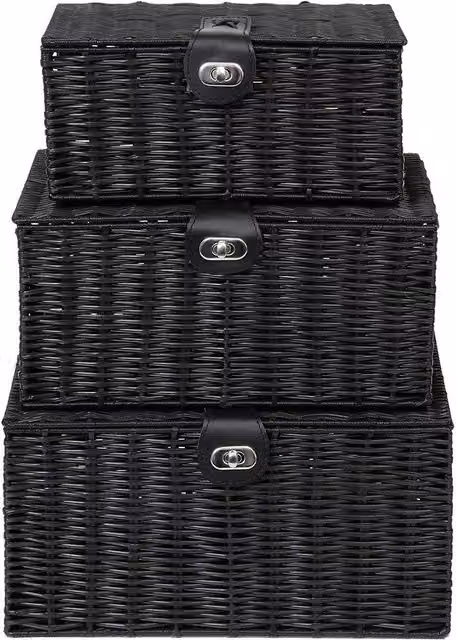 Arpan Set of 3 Resin Woven Storage Basket Boxes with Lid and Lock in Black – 8