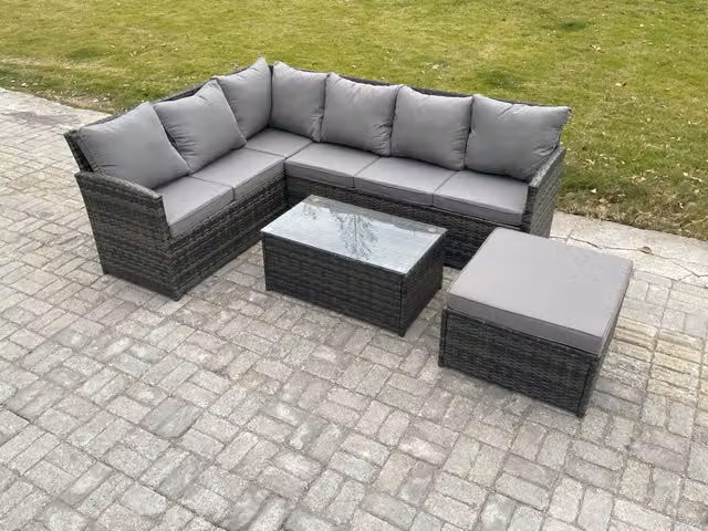 Fimous 7 Seater Rattan Lounge Corner Sofa Set in Dark Grey with Coffee Table and Ottoman
