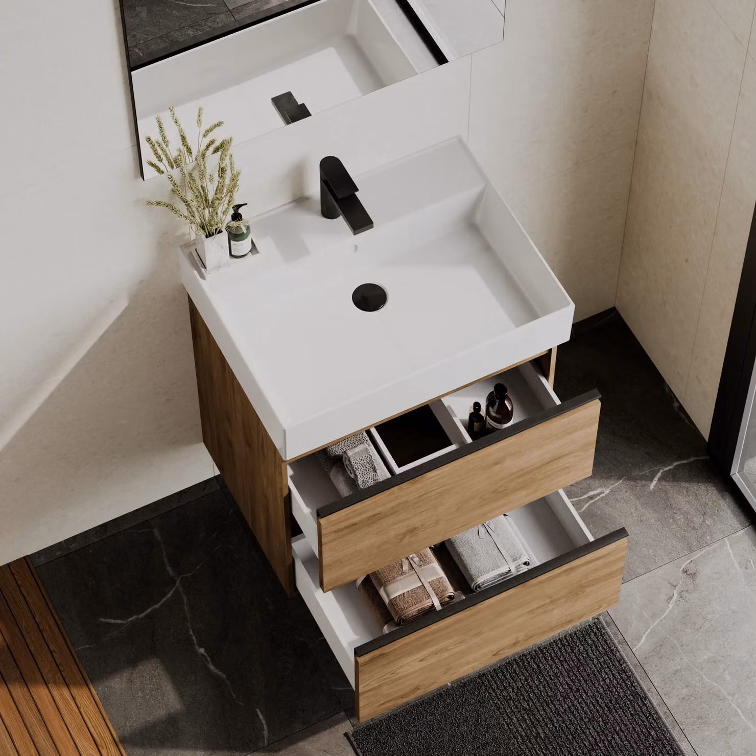 Banyetti Akiro 600mm Wall Hung Vanity Unit with Veneto 1 Tap Hole Basin in Walnut – 2