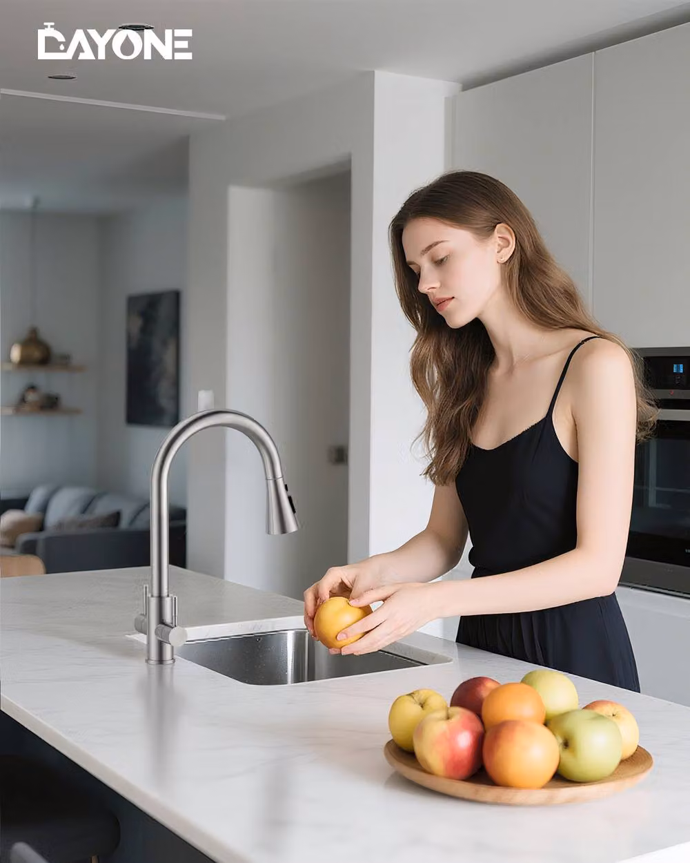 Dayone Dual Lever Kitchen Tap with 360 Degree Swivel Spout and Pull Out Spray in Brushed Silver Stainless Steel – 3