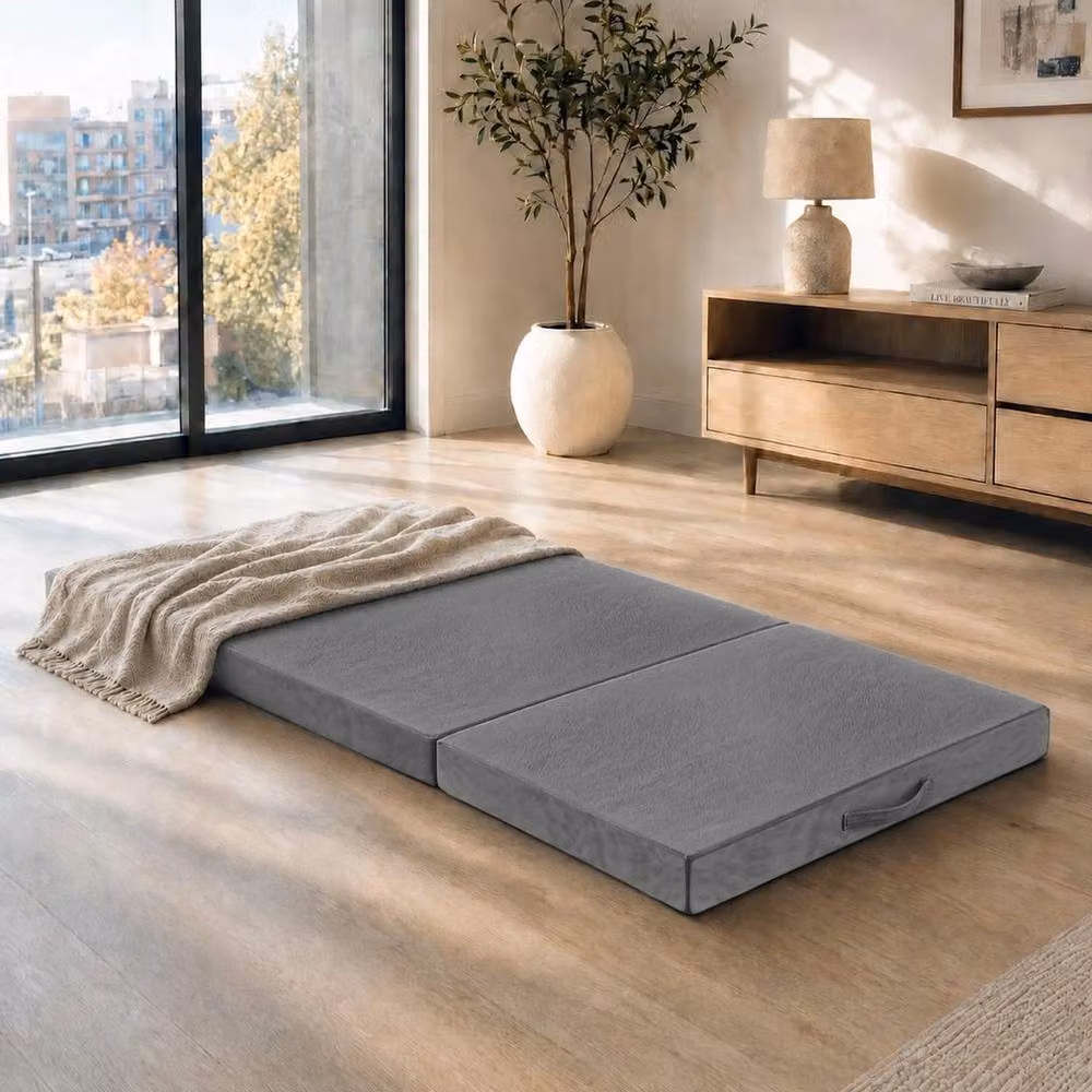 KORVIXA M Trifold Folding Mattress with Removable Grey Fabric Cover, W/D/H: 90 x 200 cm – 3