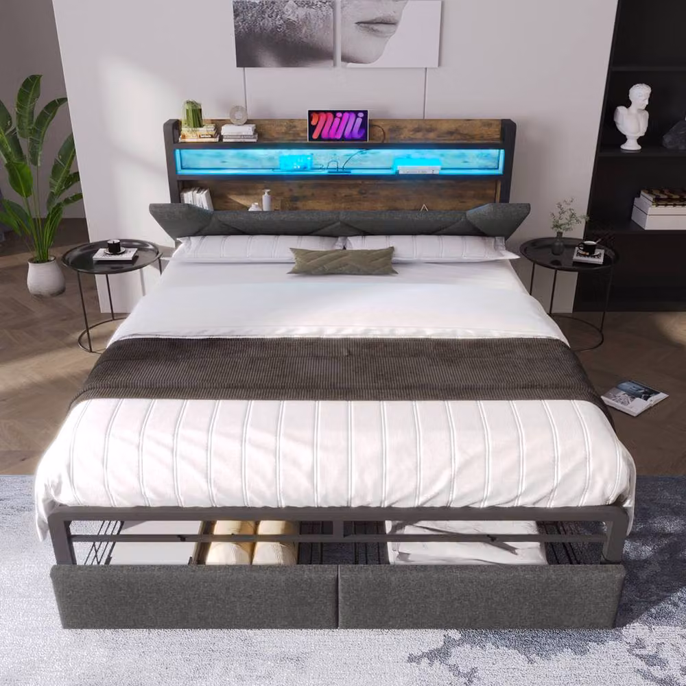 BTM Grey Upholstered Linen Single Bed with LED Headboard, USB-C Charging and Storage Drawers, W/D/H: 90 x 200 x 110 cm – 7