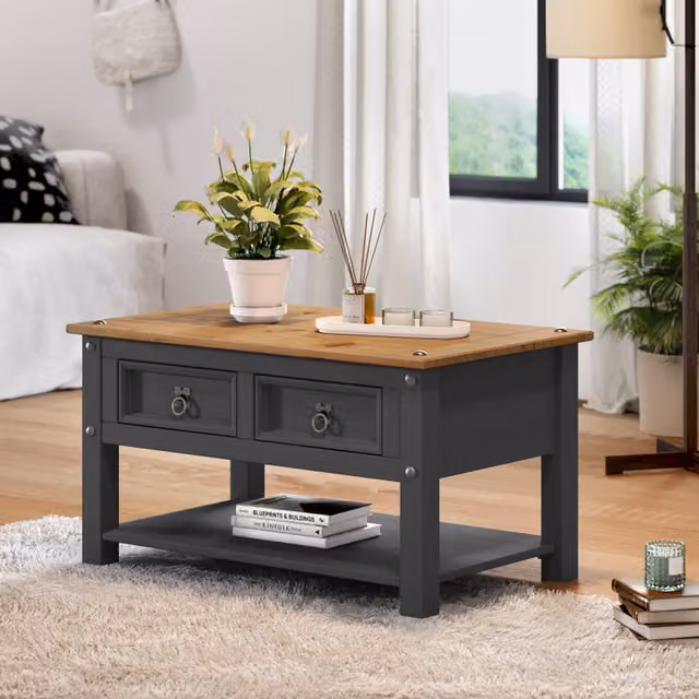 Mercers Furniture Corona 2 Drawer Coffee Table in Distressed Charcoal Grey Solid Mexican Pine Wood, W/D/H: 85 x 50 x 45 cm