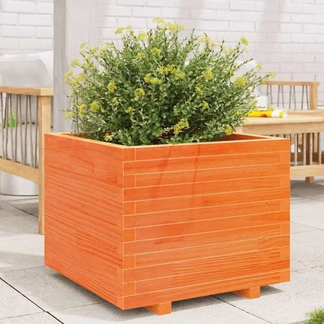 Berkfield Home Garden Brown Solid Wood Pine Planter Tub W: 60 cm, D: 60 cm, H: 49.5 cm