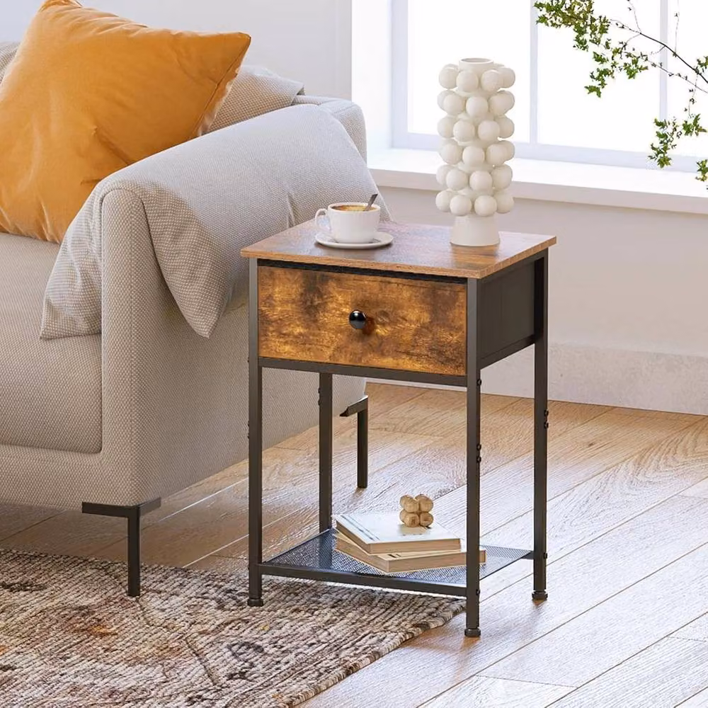 FORGEVIO Set of 2 Brown Industrial Bedside Tables with Fabric Drawers – 5