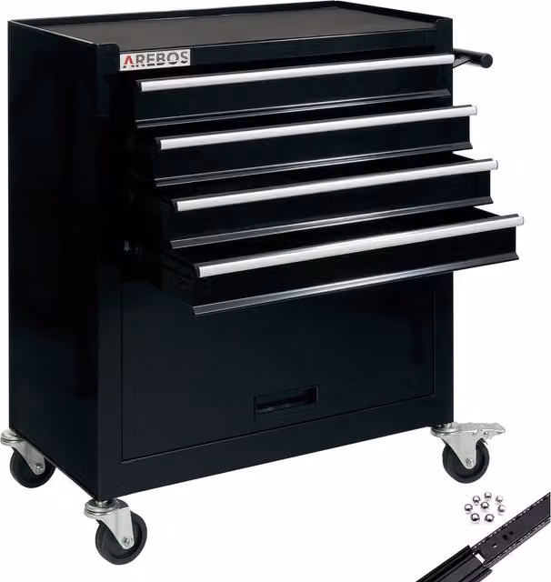 AREBOS Steel Tool Cabinet Cart Workshop Trolley with 4 Drawers, Black