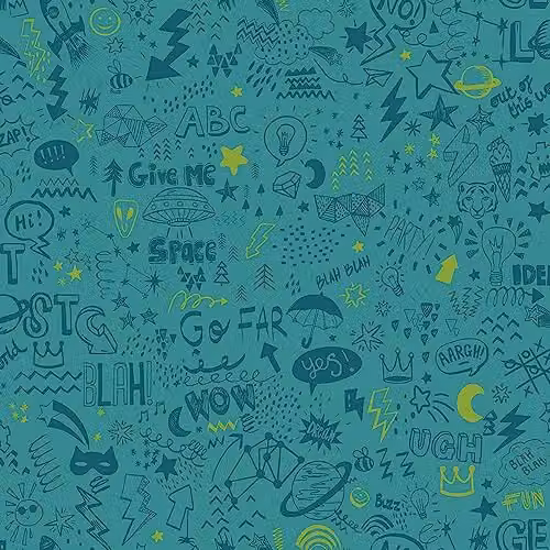 Holden Decor Doodle Teal and Neon Yellow Abstract Modern Hand Drawn Wallpaper