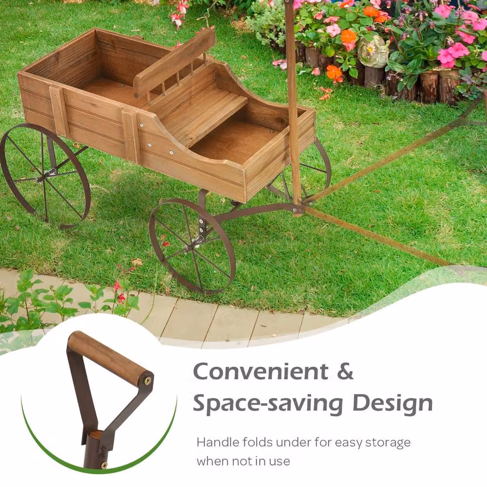 Gymax Brown Wood and Metal Decorative Flower Planter Wagon with Wheels – 4