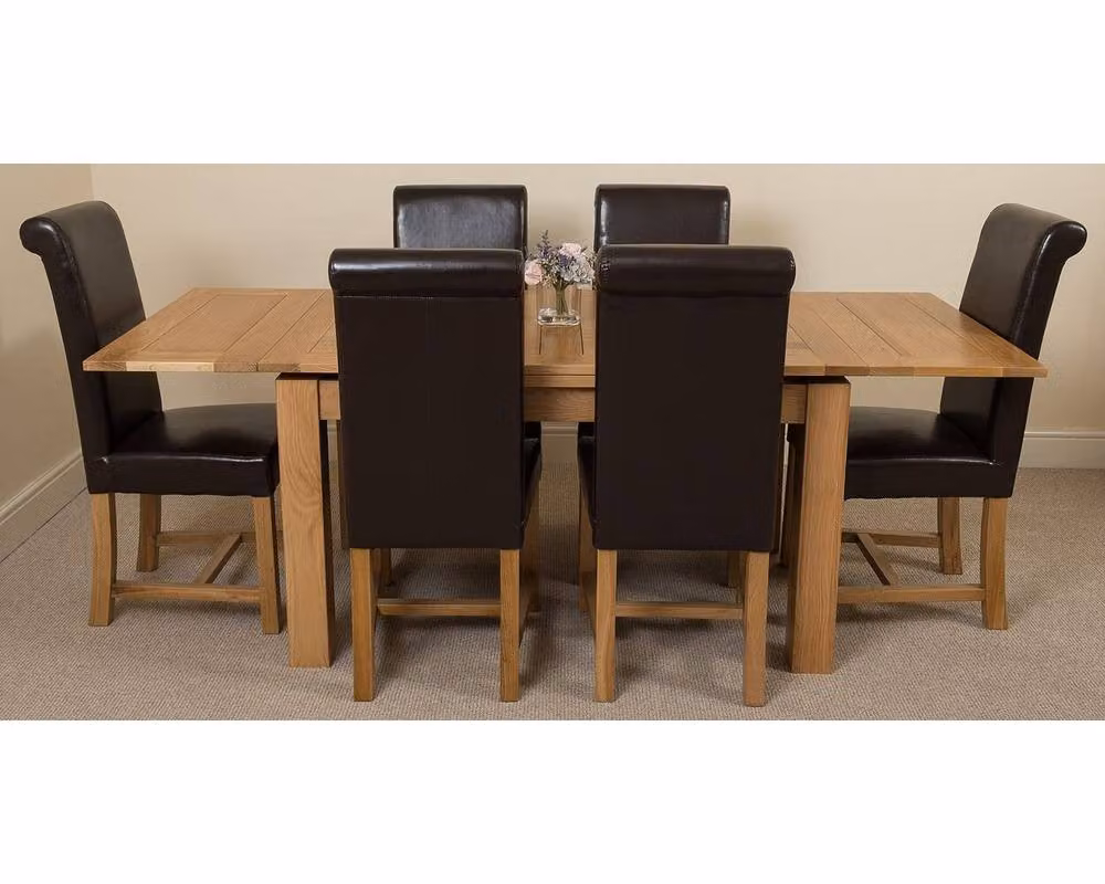 Thats Furniture Richmond Oak Extending Dining Table and 6 Washington Brown Leather Chairs, W/D/H: 140 x 90 x 78 cm (Extends to 220 cm) – 2