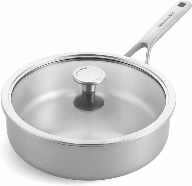KitchenAid Multi-Ply Stainless Steel Frying Pan with Glass Lid, Silver, Diameter: 24 cm