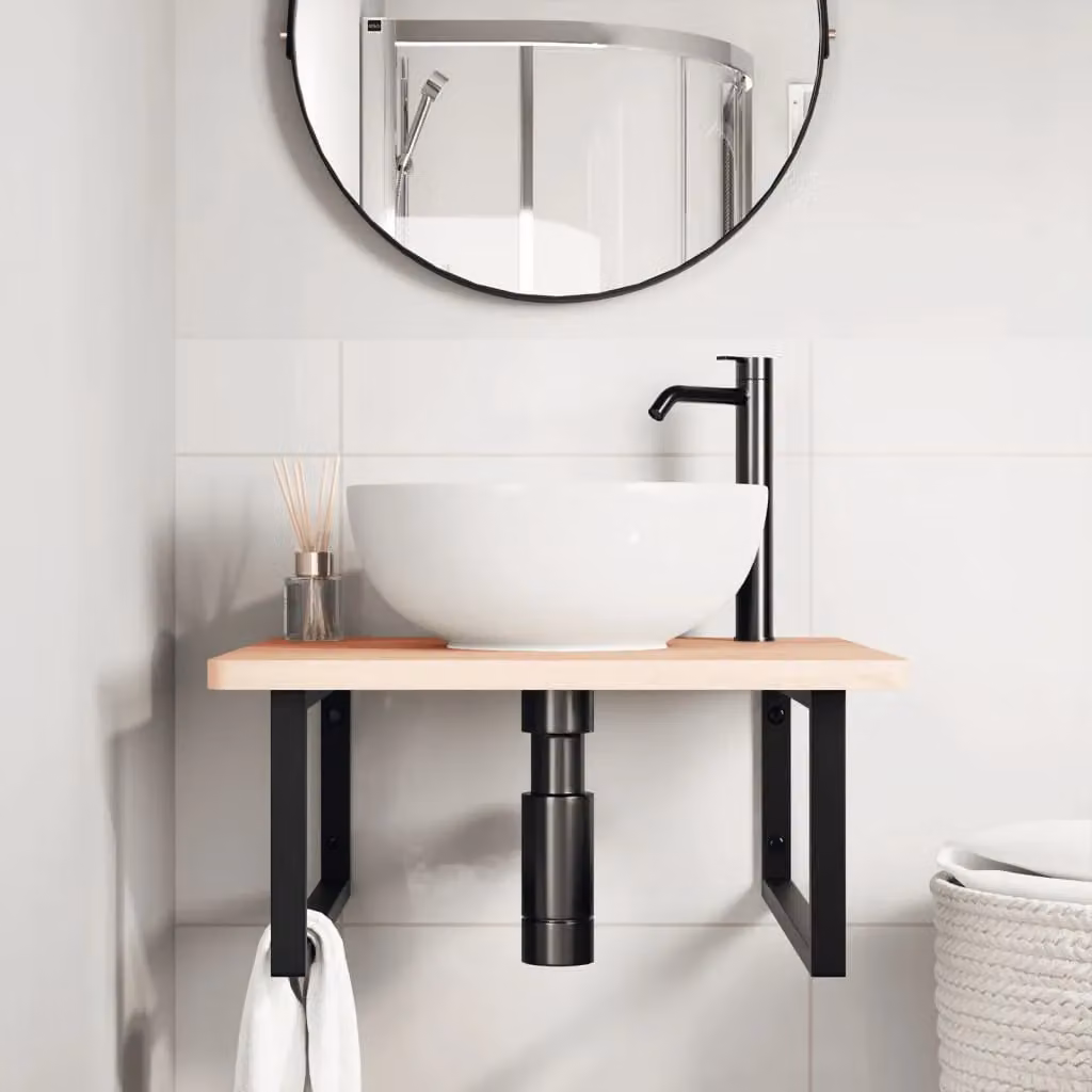 Berkfield Home Wall Mounted Basin Shelf in Brown Steel and Solid Beech Wood – 2