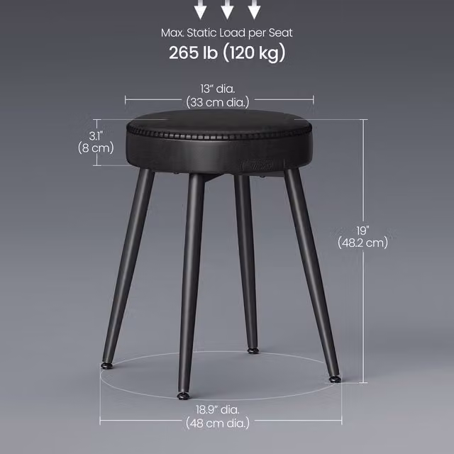 VASAGLE Set of 2 Mid-Century Modern Upholstered Dining Stools in Black with Metal and Wood Construction