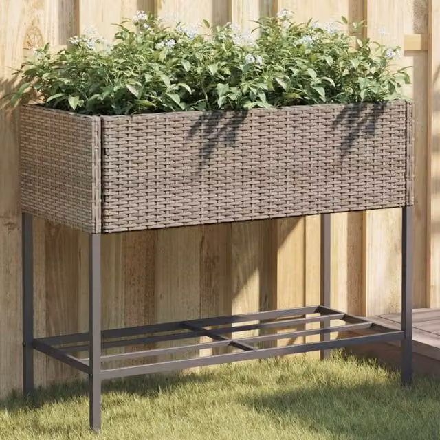 Berkfield Home Garden Planter with Shelf in Grey Poly Rattan – 1