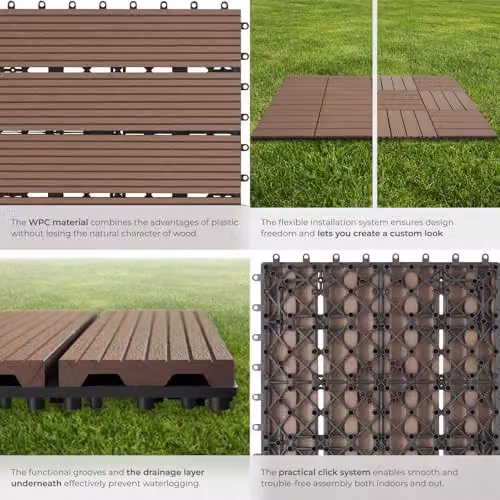 tectake 11-Piece WPC Decking Tile Set in Brown, 1.0571m² Total Area, 31 x 31 cm per Tile – 4