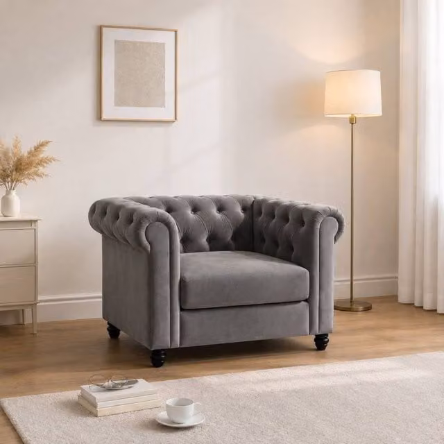 Sofaya Hampton Chesterfield 1 Seater Armchair in Grey Velvet – 1