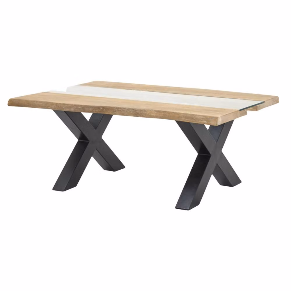 Wyld Haus Vouvant Live Edge Mango Wood and Glass Coffee Table with Black X Frame Base in Natural, W/D/H: 70 x 45 x 39.6 cm – 2