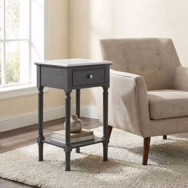 Garden Greatness Grey Modern Accent Side Table with Marbled Stone Top and 1 Drawer, W/D/H: 35 x 35 x 75 cm