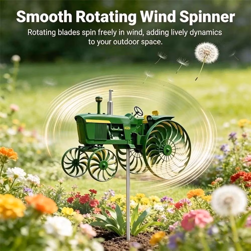 FLAVORA Green Tractor Windmill Garden Wind Spinner Metal Stake, H 100 cm x W 15 cm – 3