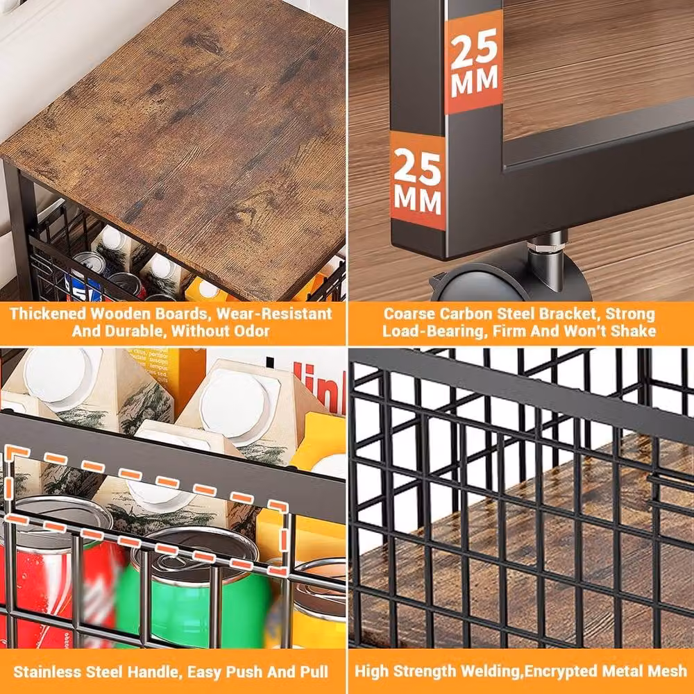 London Boutique Heavy-Duty Mobile Mini Fridge Stand with Drawer Basket in Brown – 8