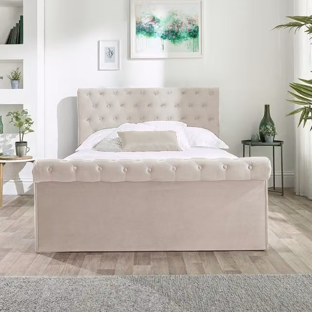 Aspire Chesterfield Ottoman Bed in Beige Velvet Fabric, W/D/H: 90 x 200 cm