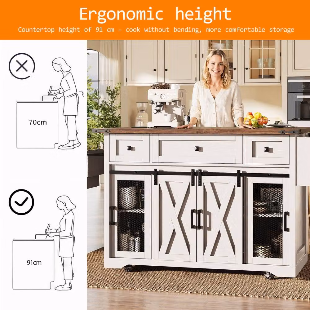 Rolipo Kitchen Island Trolley with Extendable Worktop and Power Sockets in White – 6