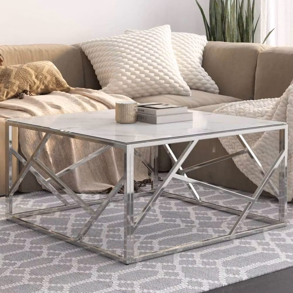 Berkfield Home Modern Square Coffee Table in Silver Stainless Steel and White Tempered Glass – 2