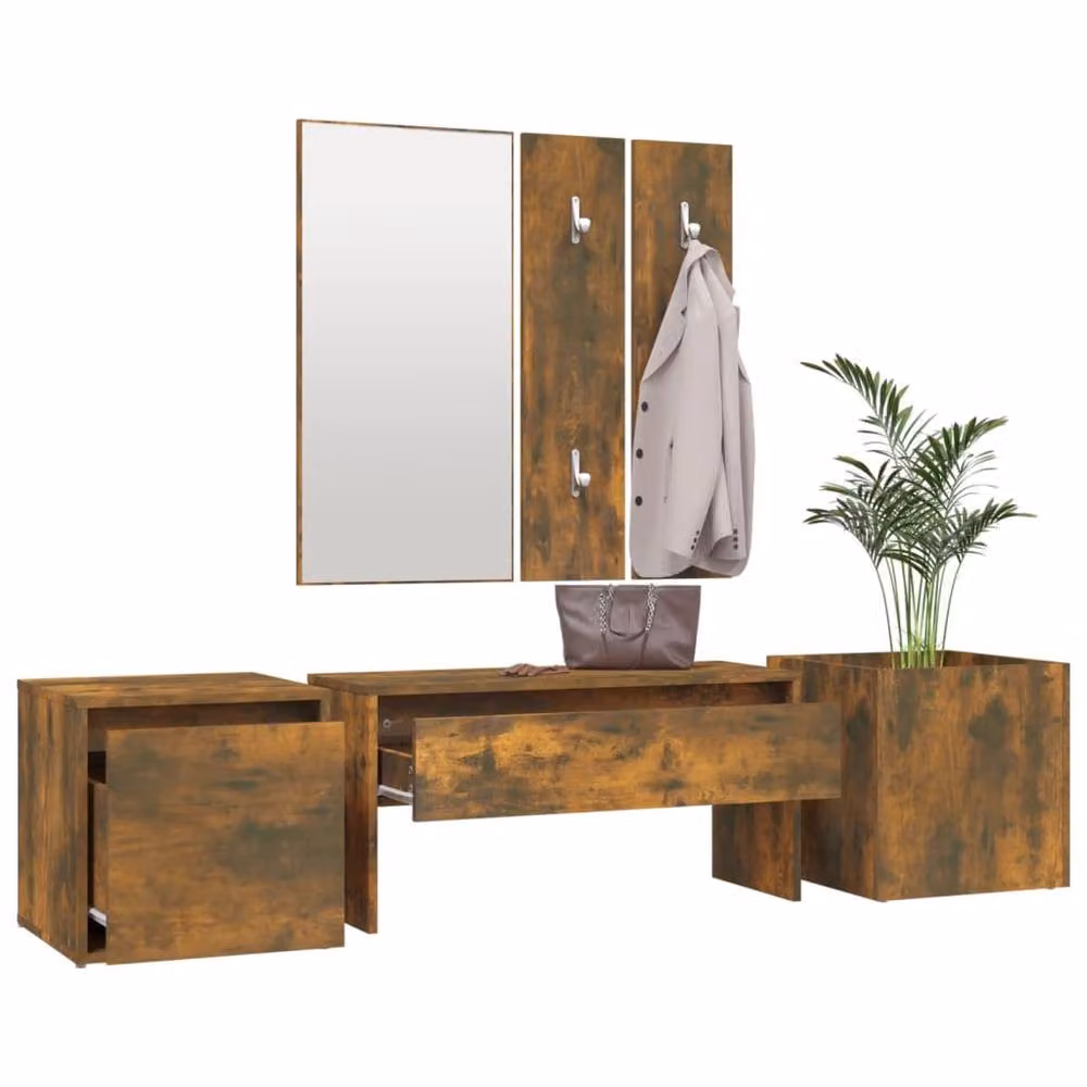Berkfield Home Hallway Furniture Set in Smoked Oak Brown, including Bench, Mirror and Wall Rack – 2