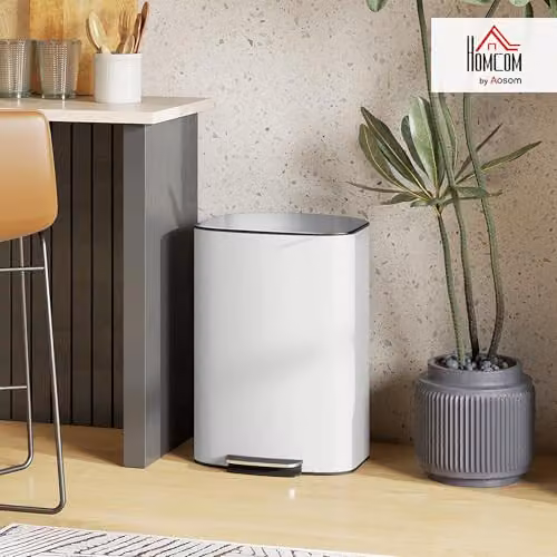 HOMCOM 50L Pedal Kitchen Bin with Soft-Close Lid and Fingerprint-Proof Finish in Beige, Silver or White – 2