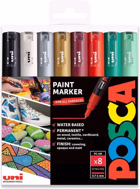 POSCA PC-1M Paint Marker Art Pen Set with 8 Multicolour Bullet Tip Permanent Pigment Markers