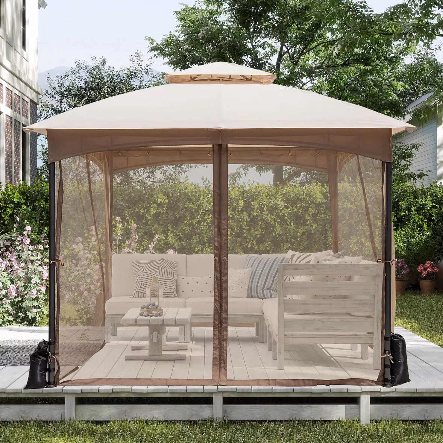 Gymax Gazebo with Netting Walls and Double Roof Canopy in Light Beige, W/D/H: 296 x 296 x 250 cm – 4