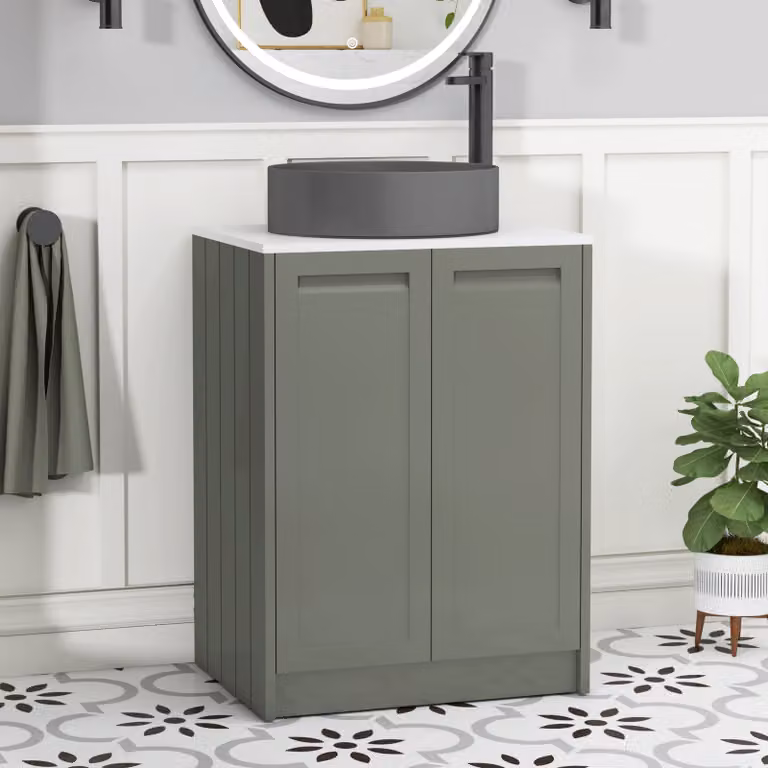Royal Bathrooms Elmore 600mm Matt Green Floor Standing 2 Door Vanity Unit with Plain White Worktop and Art Round Basin