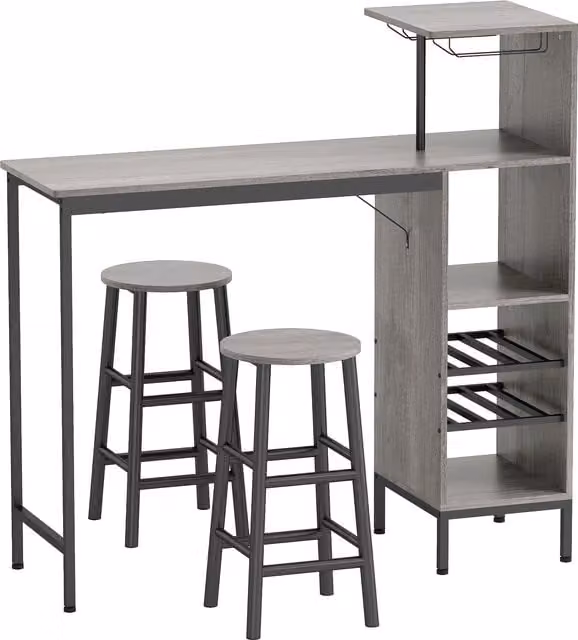 HOMCOM 3 Piece Dining Room Set with 6-Tier Rectangular Table and 2 Round Stools in Natural Wood and Metal Finish