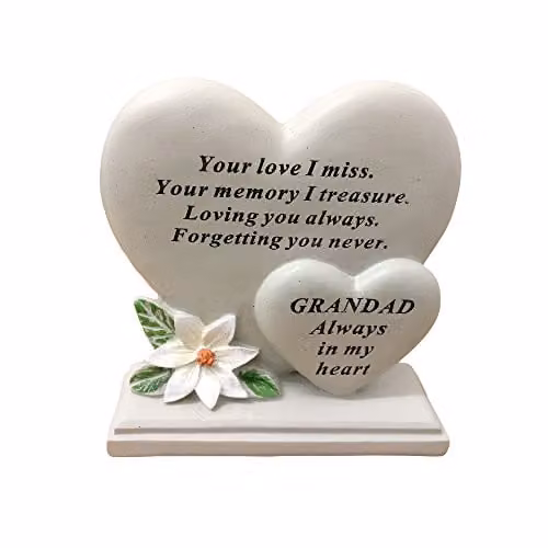 David Fischhoff White Lily Double Heart Memorial Plaque for Grandad in Beige and White