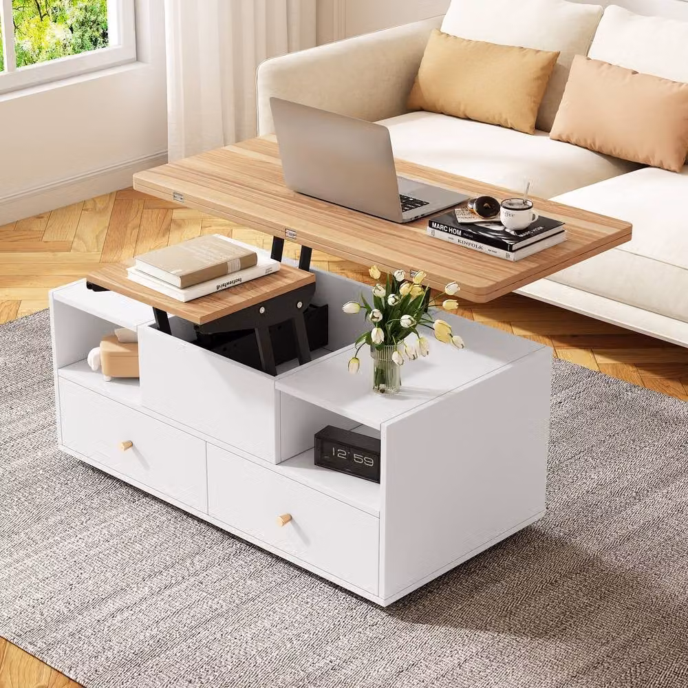 ModernLuxe Lift Top Coffee Table with 4 Drawers, 2 Lifting Platforms and Castors, White – 2