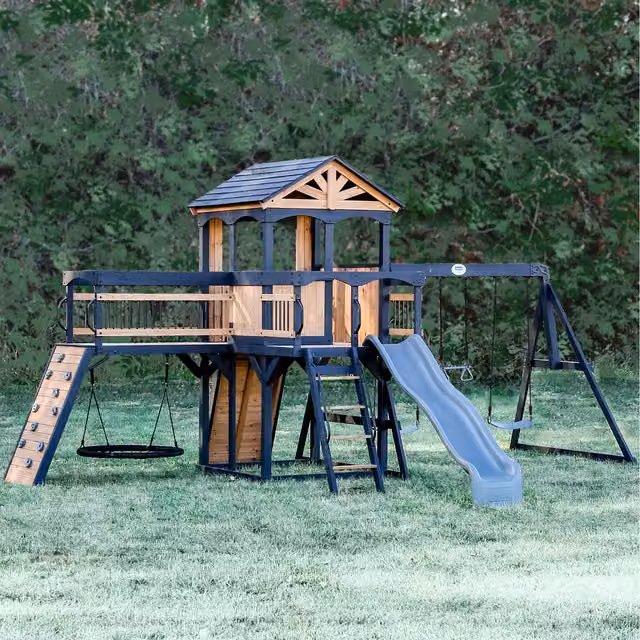 Backyard Discovery Timber Crossing Outdoor Playcentre and Swingset with Slide in Brown and Black
