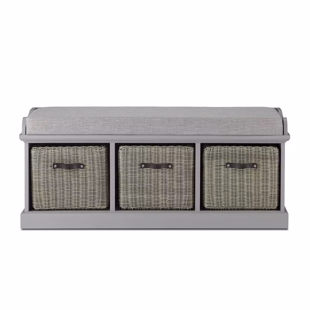 Statement Furniture Tetbury Hallway Bench in Grey with 3 Faux Rattan Baskets and Fabric Cushion W/D/H: 112 x 46 x 46 cm – 2