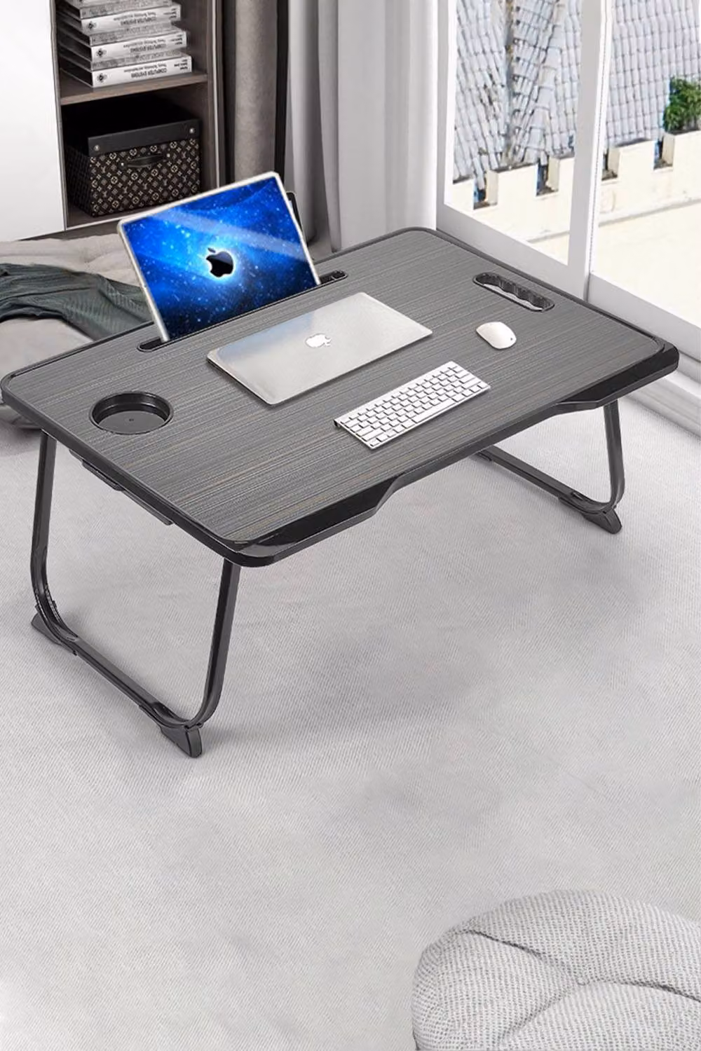 Living and Home Foldable Laptop Bed Desk Table with Storage Drawer, Tablet Slot and Cup Holder in Black – 2