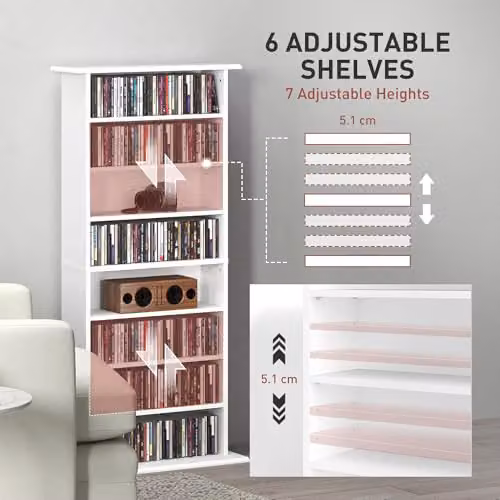 HOMCOM White Modern CD and DVD Storage Unit with 6 Adjustable Shelves, W/D/H: 58.0 x 24.0 x 126.3 cm – 4