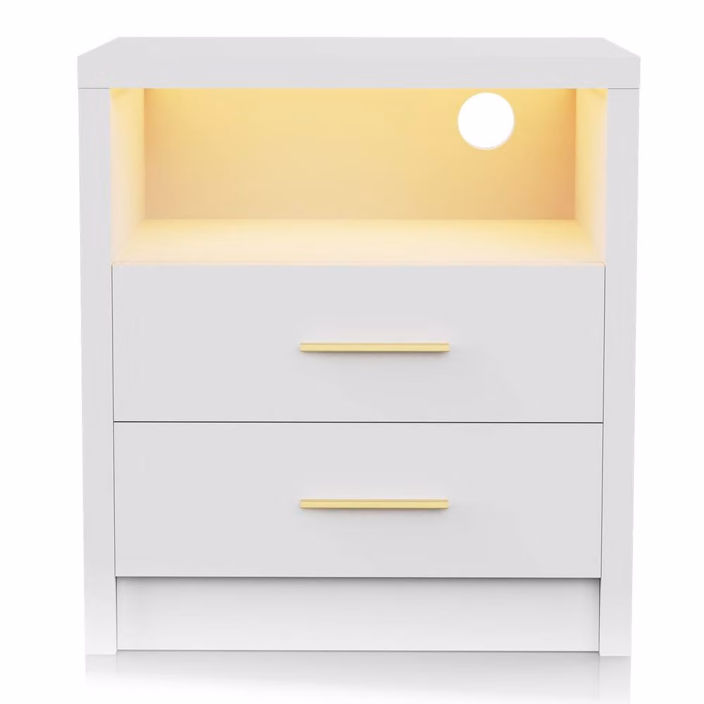 EONLION White Modern Glossy LED Nightstand with 2 Drawers and Integrated Lighting – 2