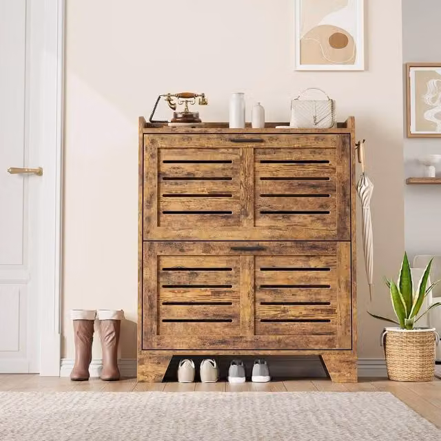 VOGREX Wooden Freestanding Shoe Storage Cabinet with Hinged Doors in Brown – 1