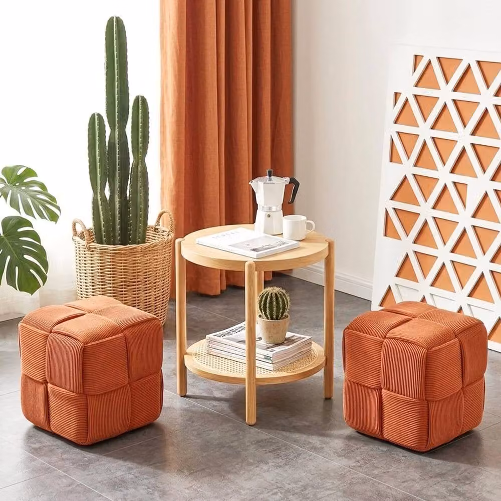 FLAVORA Orange Corduroy Square Ottoman Soft Stool, W/D/H: 100 x 100 x 100 cm – 2