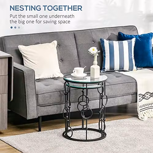HOMCOM Set of 2 Modern Round Nesting Coffee Tables with Black Glass Tops – 4