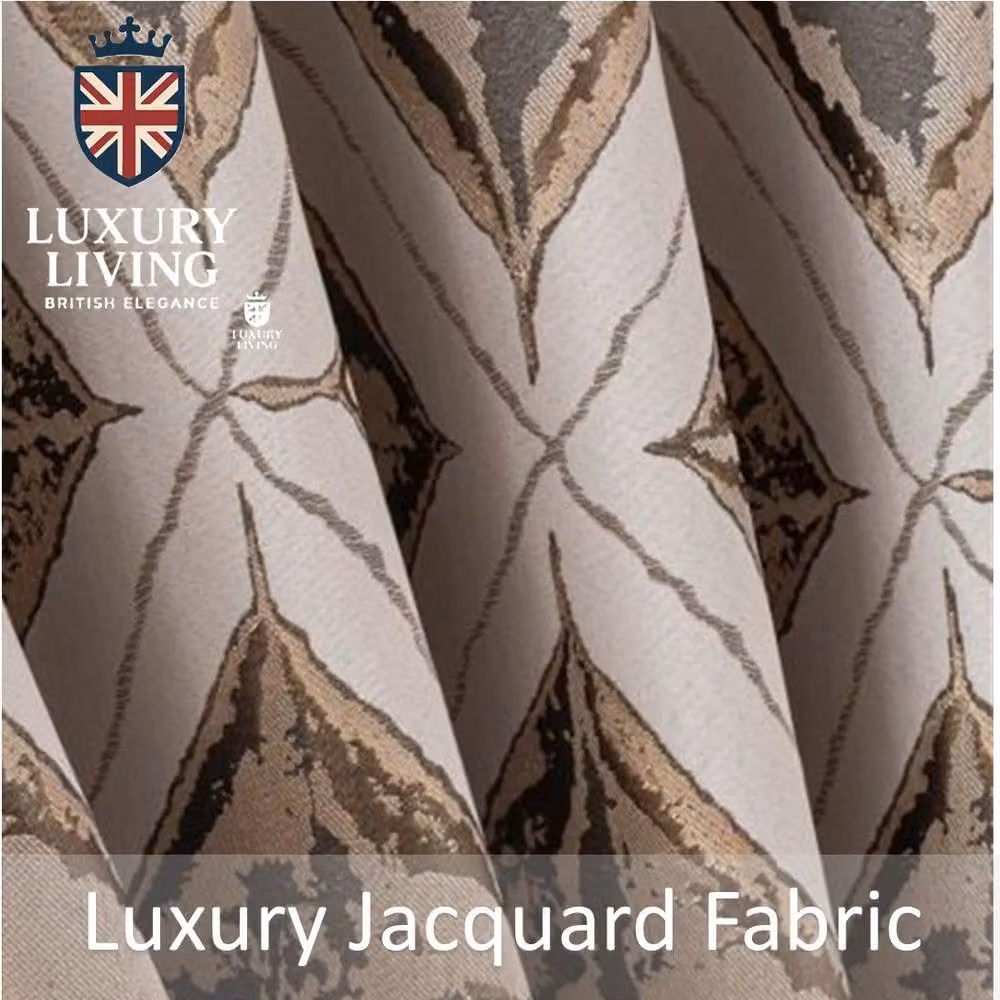 Luxury Living Diamond Jacquard Metallic Fully Lined Ring Top Curtains in Beige, Width: 168 cm, Drop: 229 cm – 2