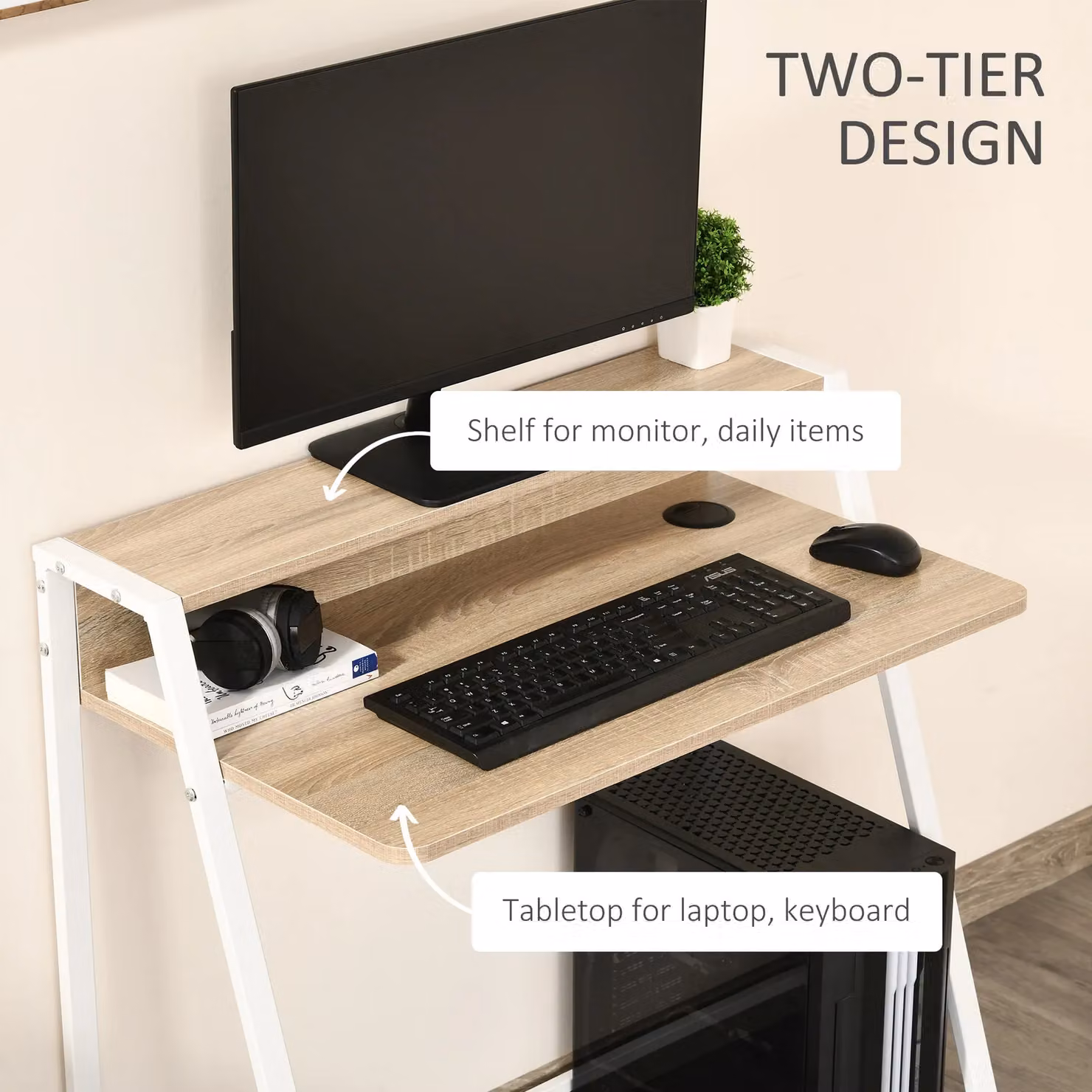 HOMCOM 2-Tier Computer Workstation with Shelf and Metal Frame in Brown – 3