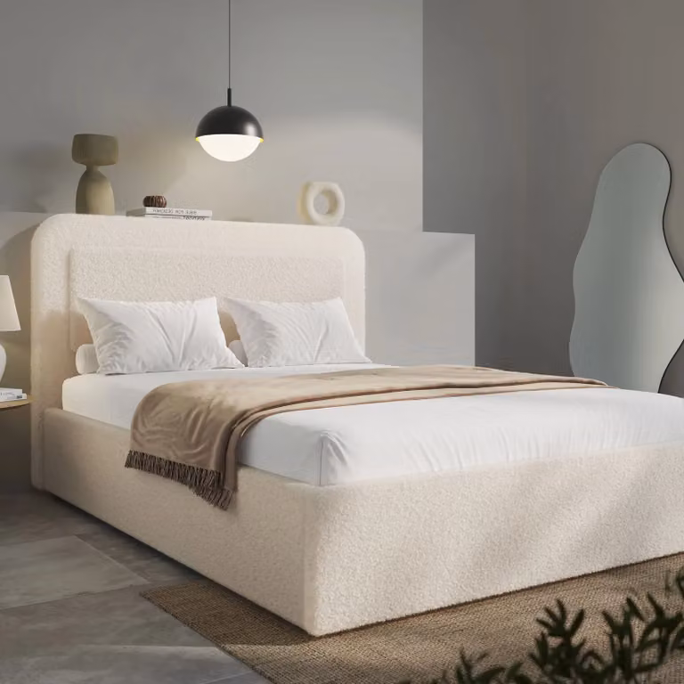 DHS Bouclé Upholstered Ottoman Storage Bed with Curved Headboard in Beige, 180 x 200 cm